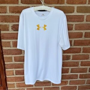 White tee with gold parquet floor Under Armor logo. Mens XL